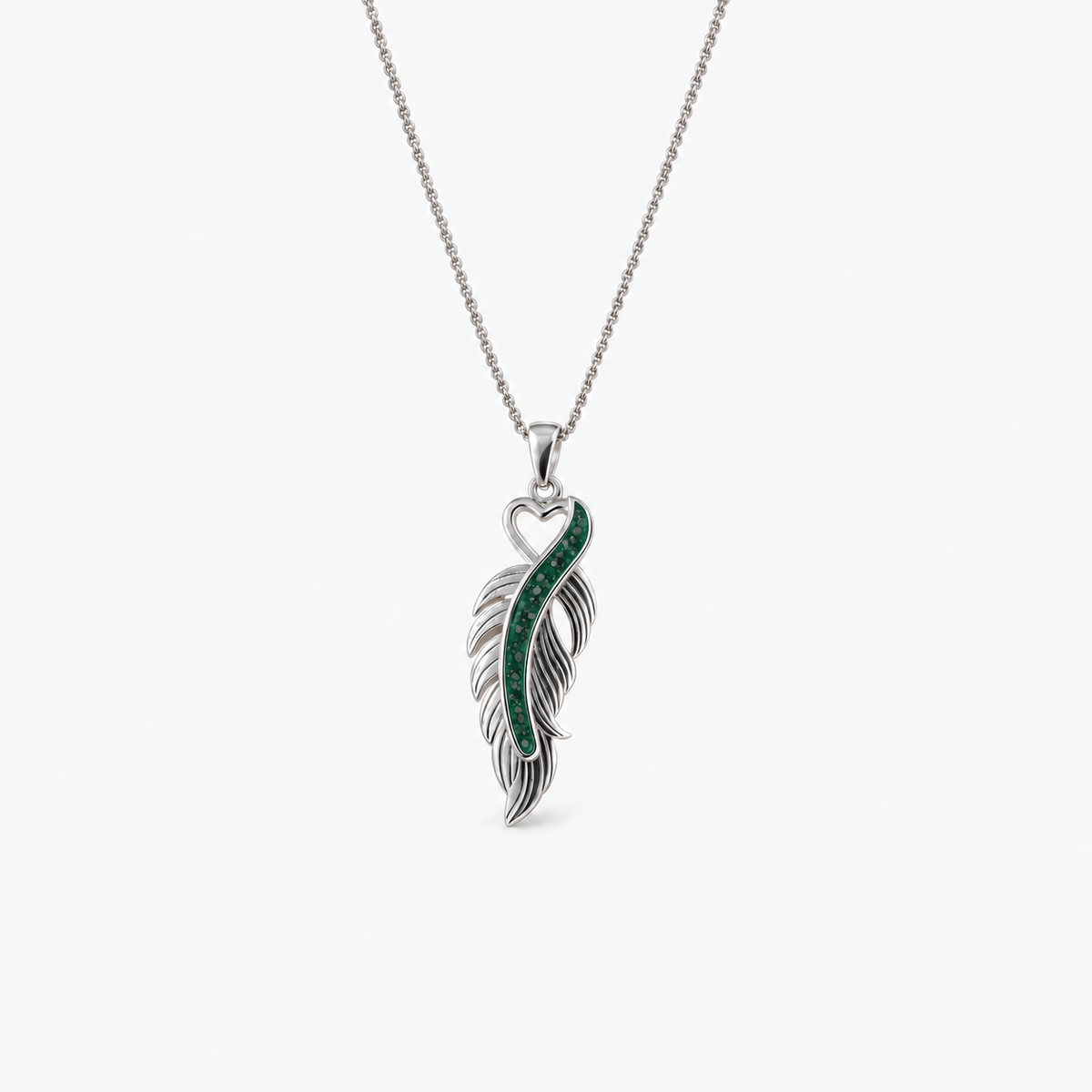 Feather Ashes Necklace — Emerald, visible ashes