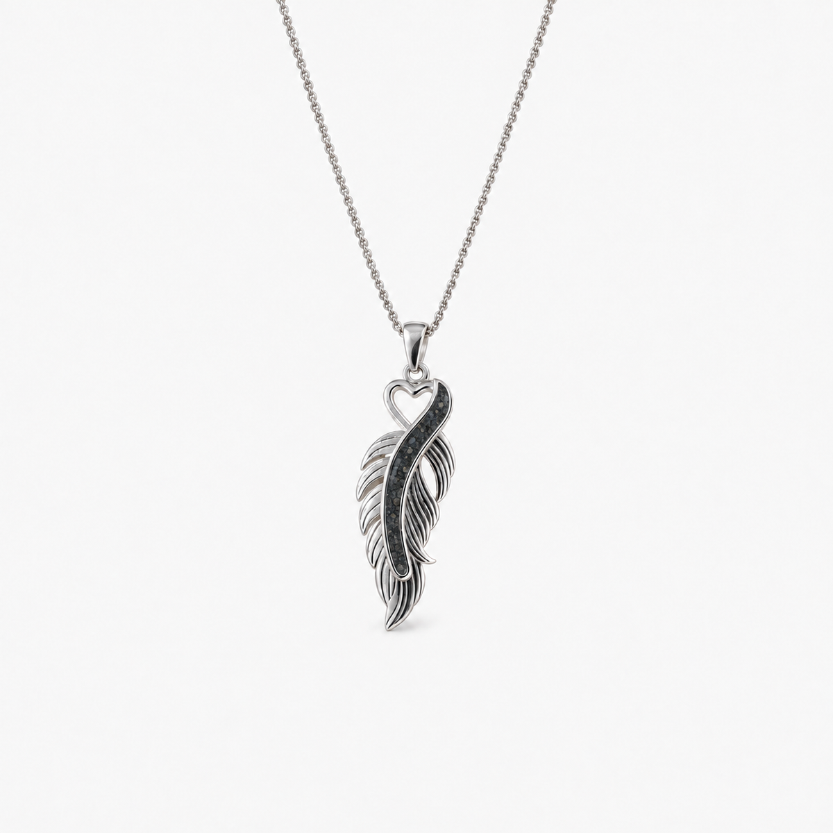 Feather Ashes Necklace — Midnight, visible ashes