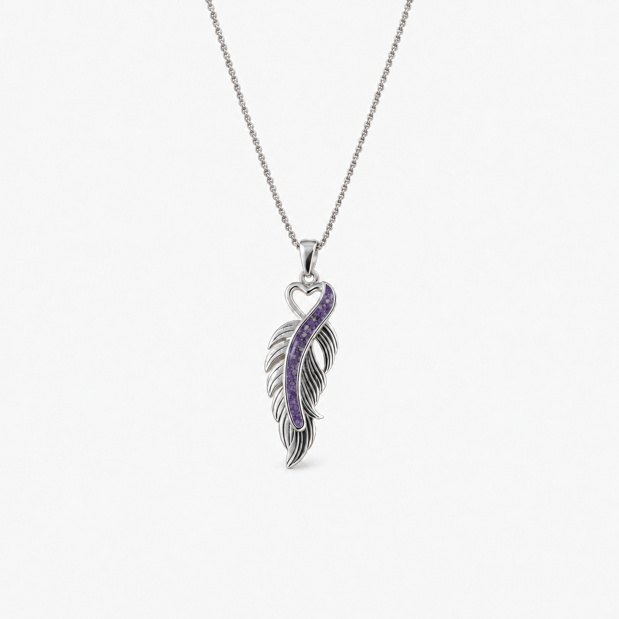 Feather Ashes Necklace — Purple, visible ashes