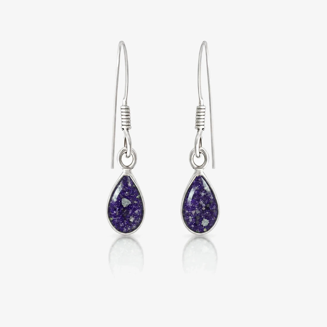 Tear Drop Ashes Earrings in Purple with visible inclusions
