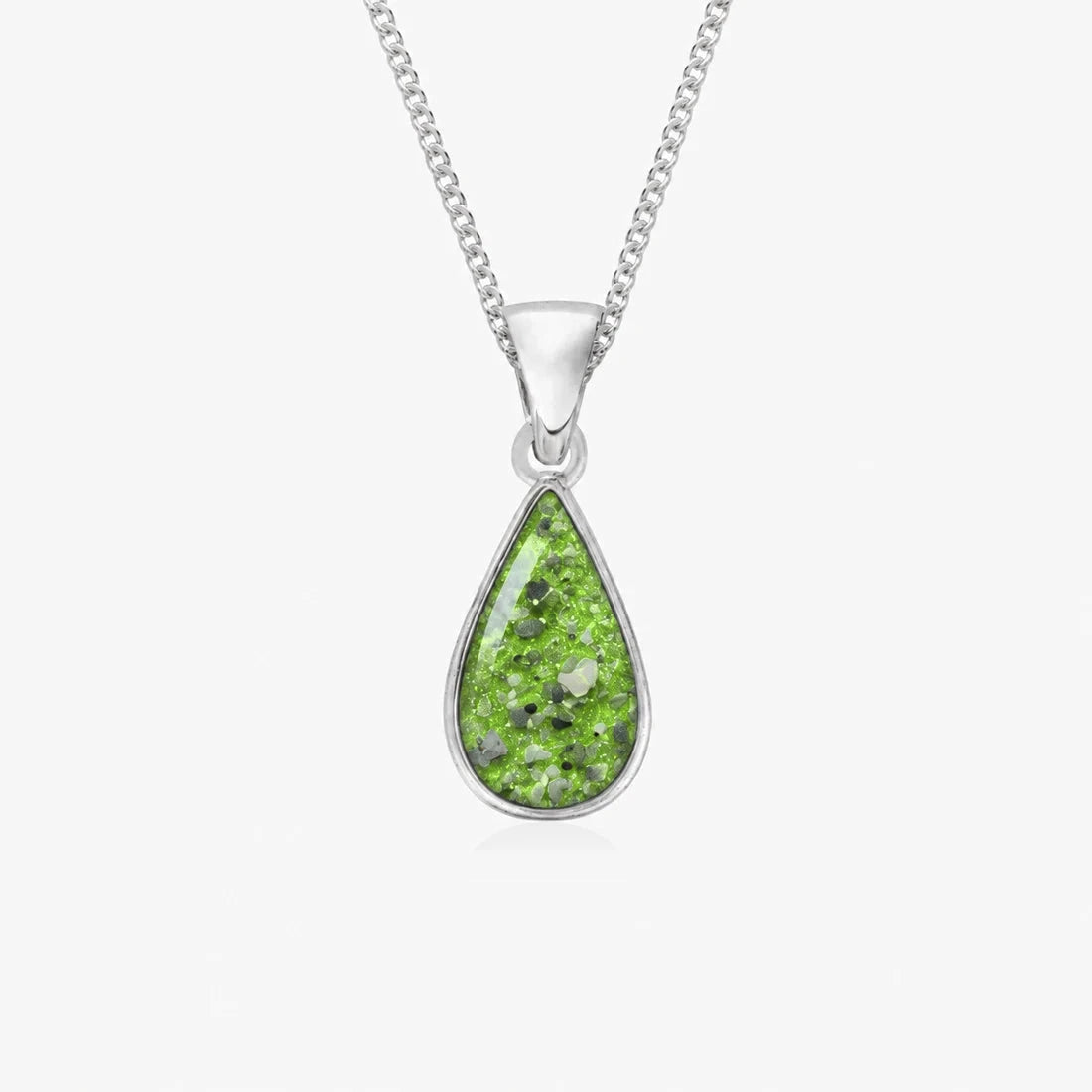 Tear Drop Ashes Necklace in Apple Green with visible inclusions