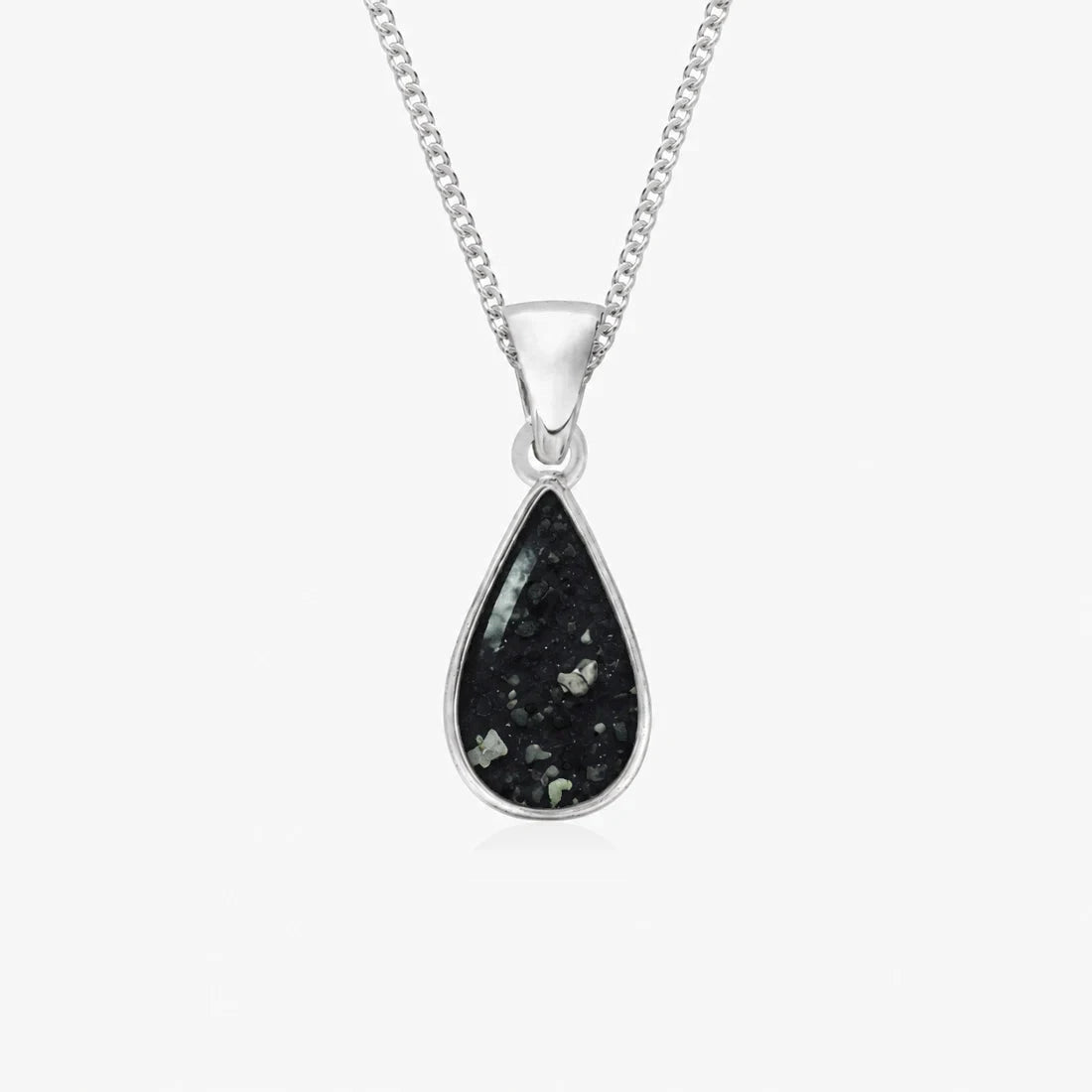 Tear Drop Ashes Necklace in Midnight with visible inclusions