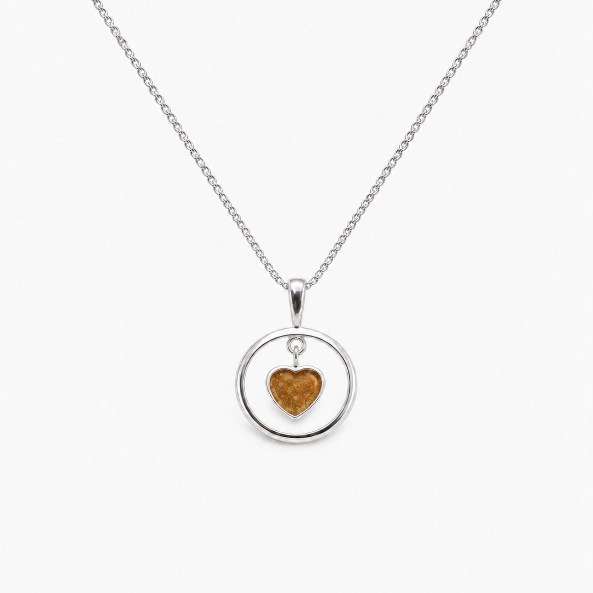 Floating Heart Ashes Necklace — Amber, visible ashes