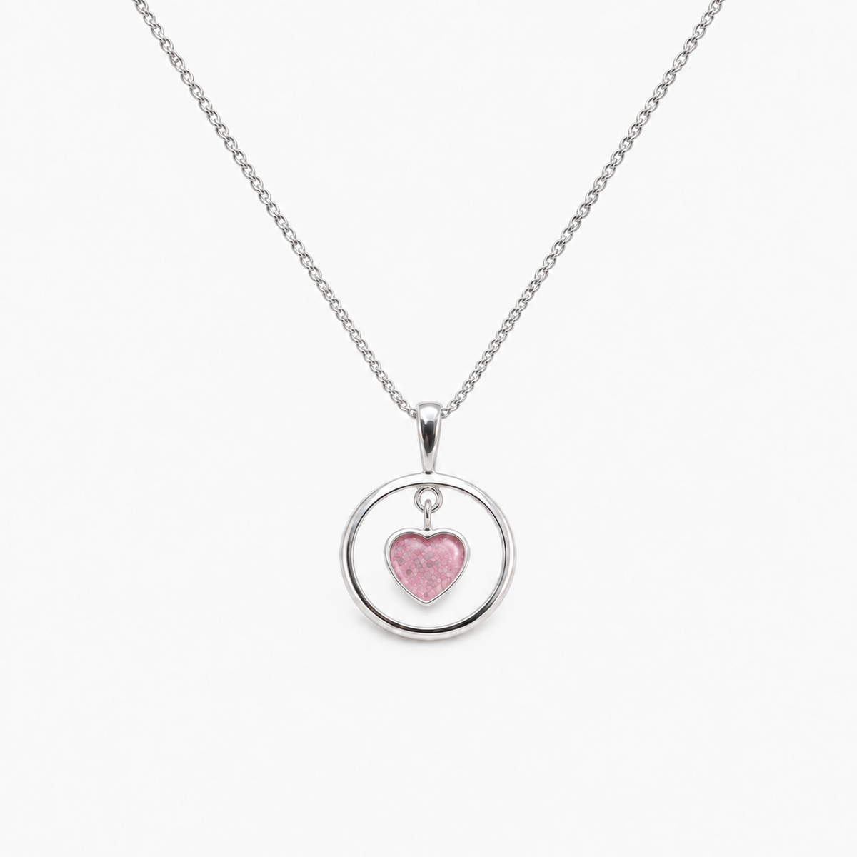 Floating Heart Ashes Necklace — Pink, visible ashes