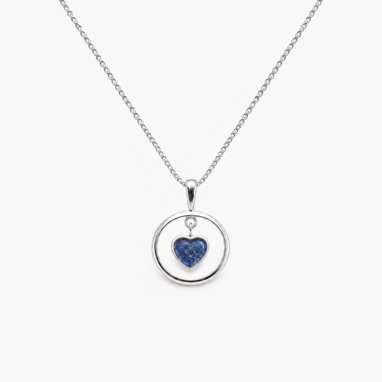 Floating Heart Ashes Necklace — Sapphire, visible ashes