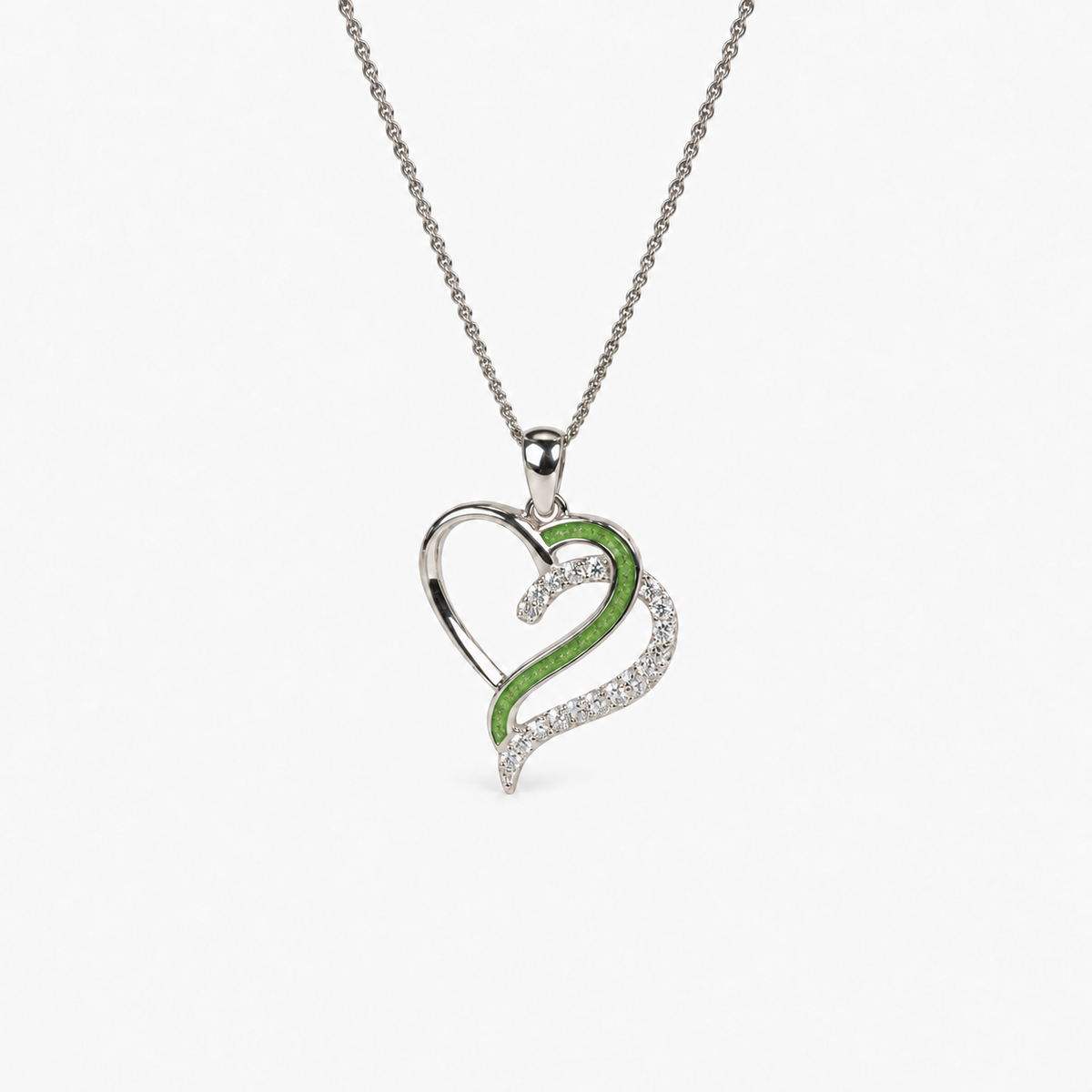 Flowing Hearts Ashes Necklace — Apple Green, visible ashes