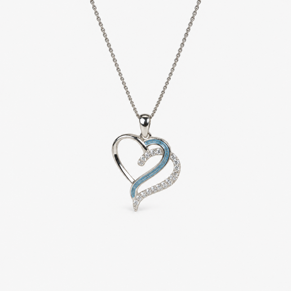 Flowing Hearts Ashes Necklace — Sky Blue, visible ashes