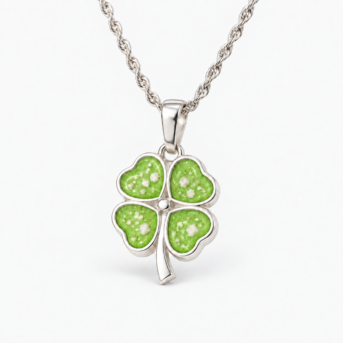 four leaf clover ashes necklace — Apple Green, visible ashes