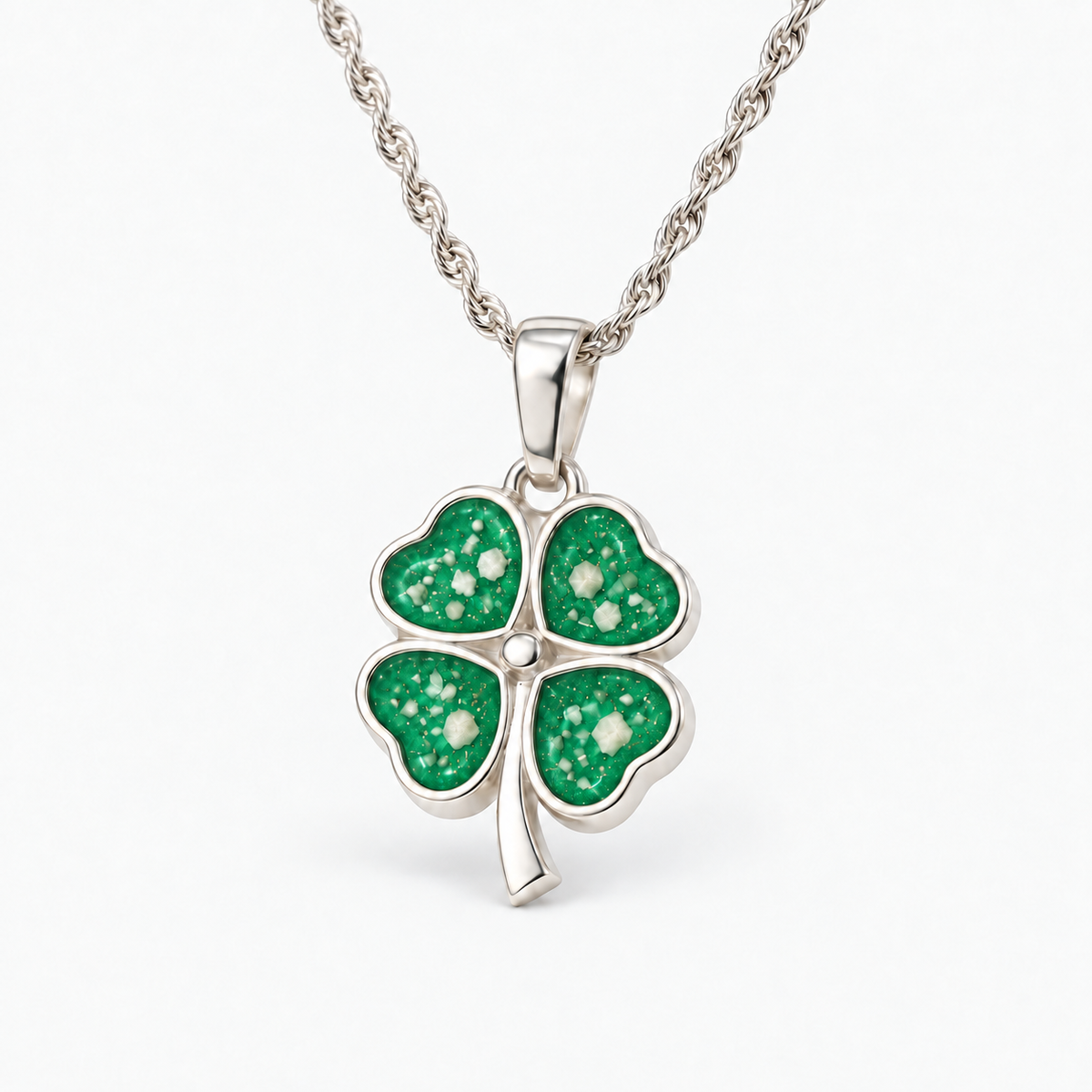 Four Leaf Clover Ashes Necklace — Emerald, visible ashes