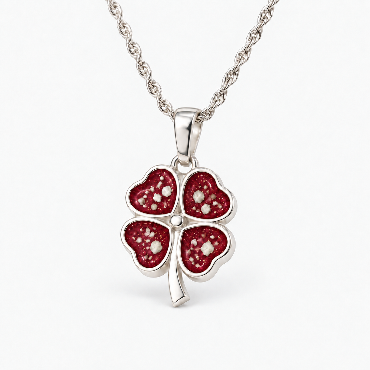 four leaf clover ashes necklace — Ruby Red, visible ashes