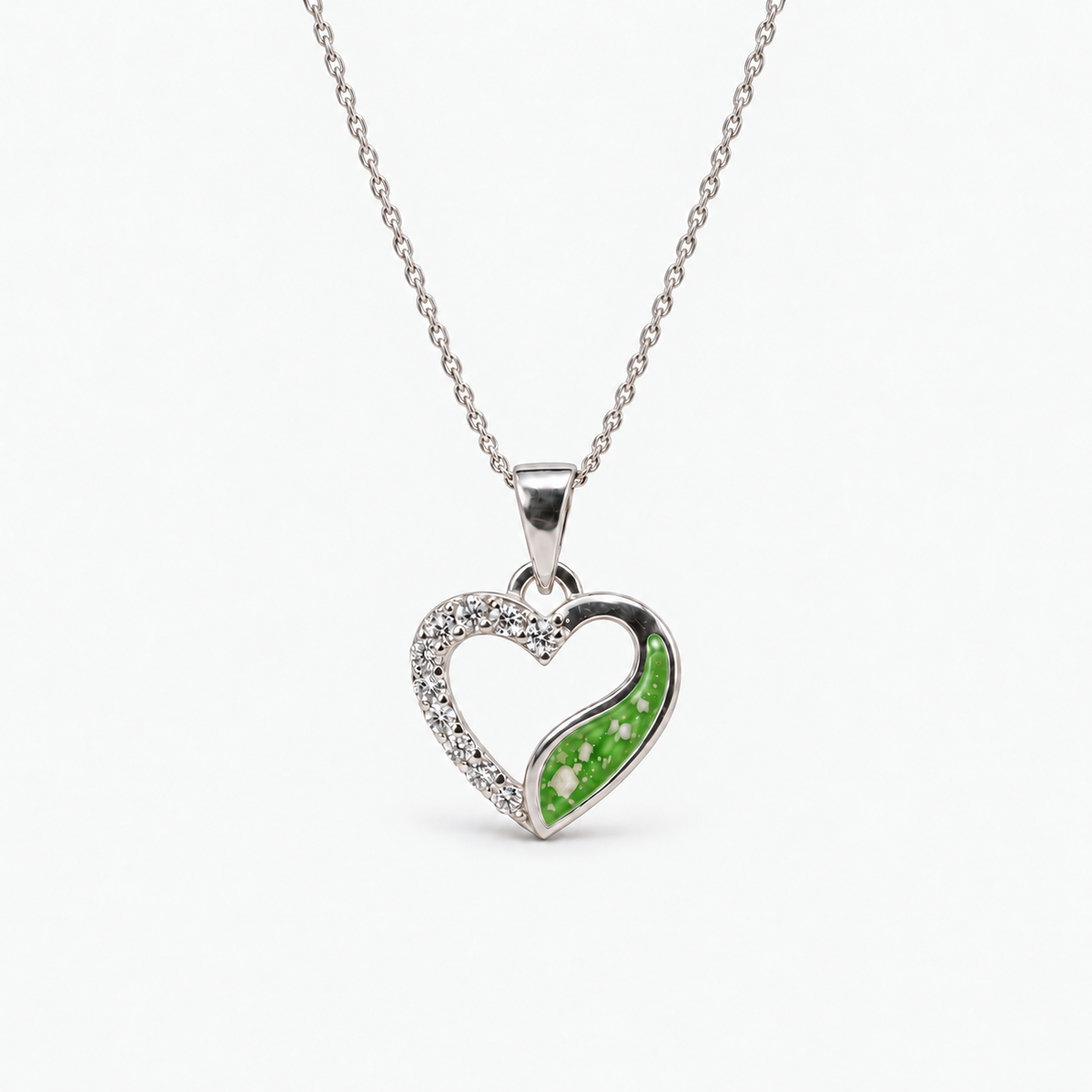 Crystal Sweep Heart Ashes Necklace – apple green – ashes visible
