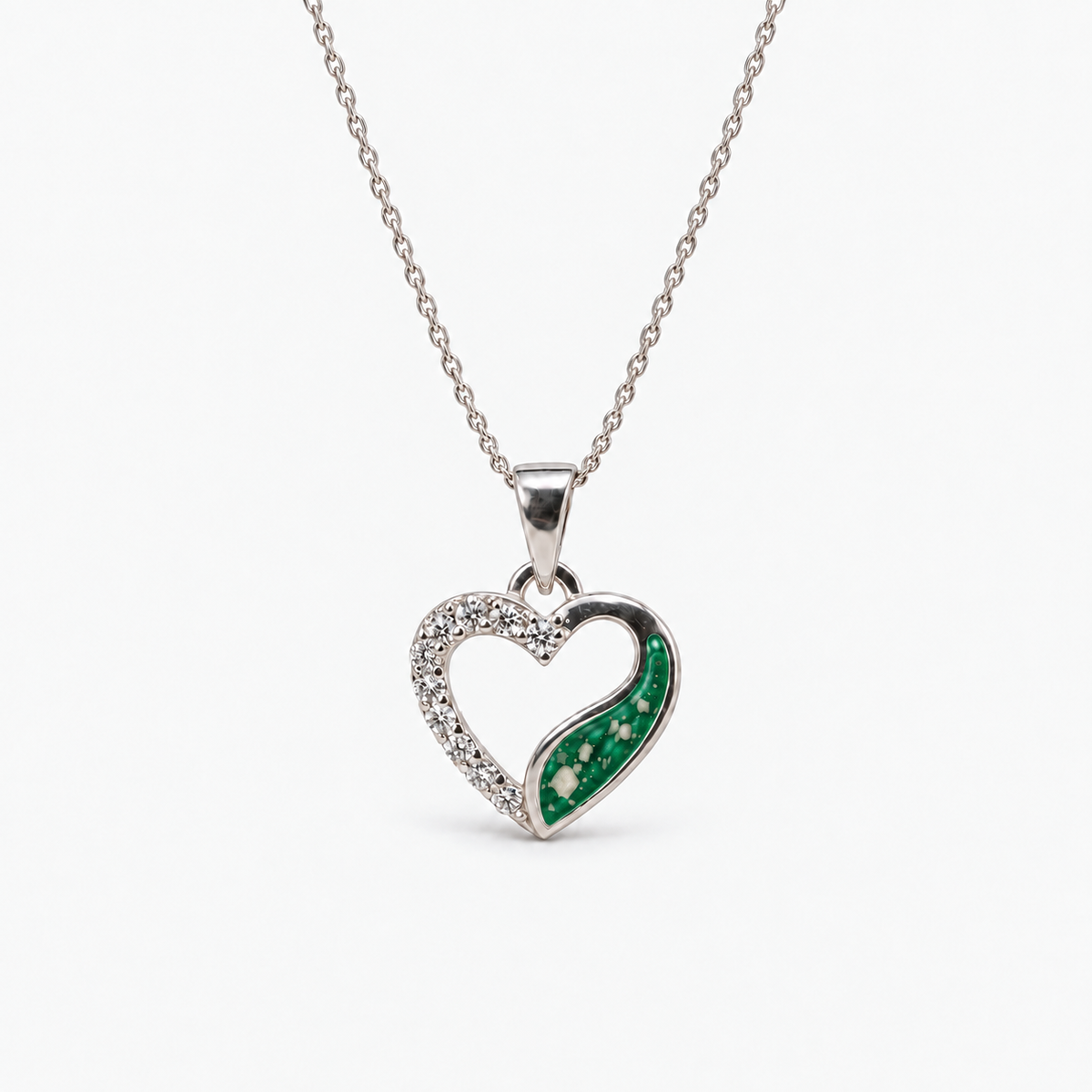 Crystal Sweep Heart Ashes Necklace – emerald – ashes visible