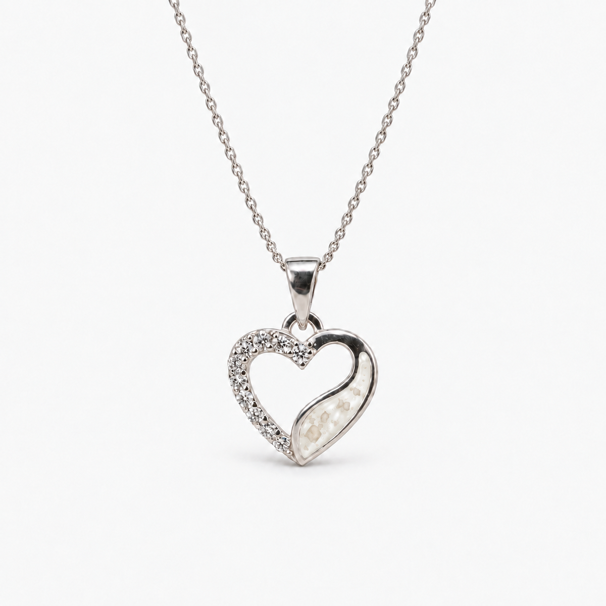 Crystal Sweep Heart Ashes Necklace – pearl – ashes visible