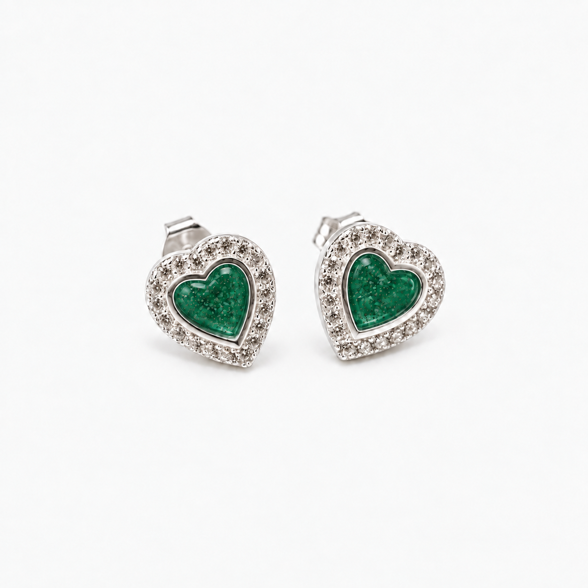 Heart Halo Ashes Earrings — Emerald, visible ashes