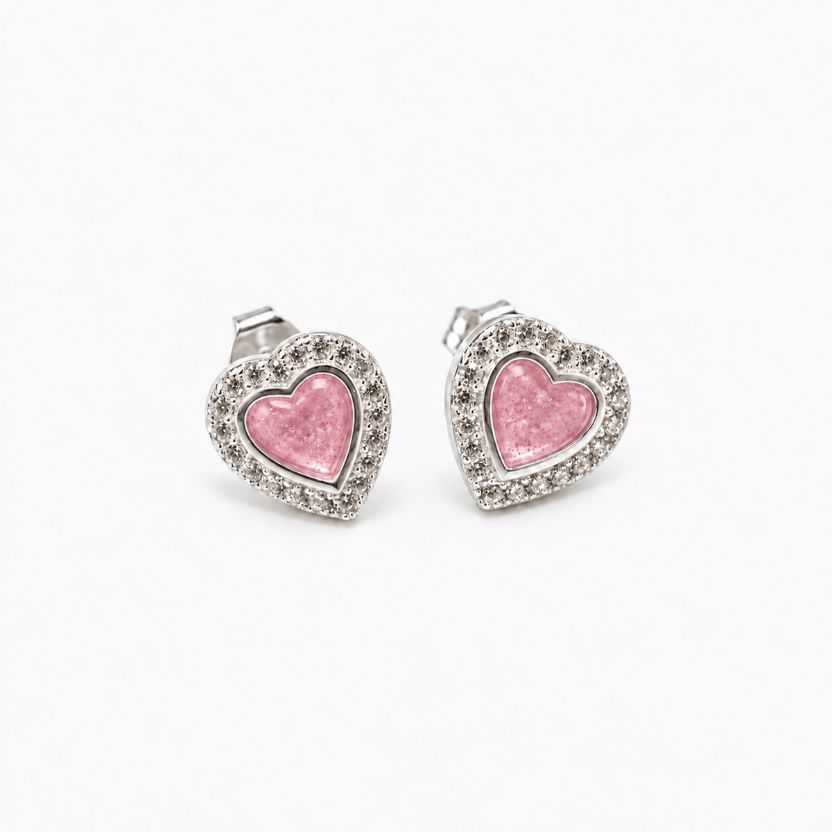 Heart Halo Ashes Earrings — Pink, visible ashes