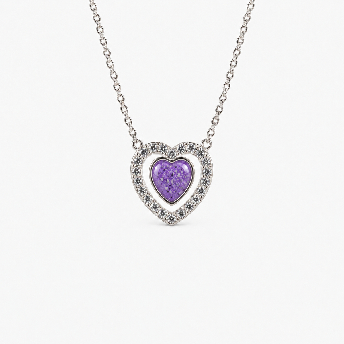 Heart Halo Ashes Necklace in Purple with visible inclusions