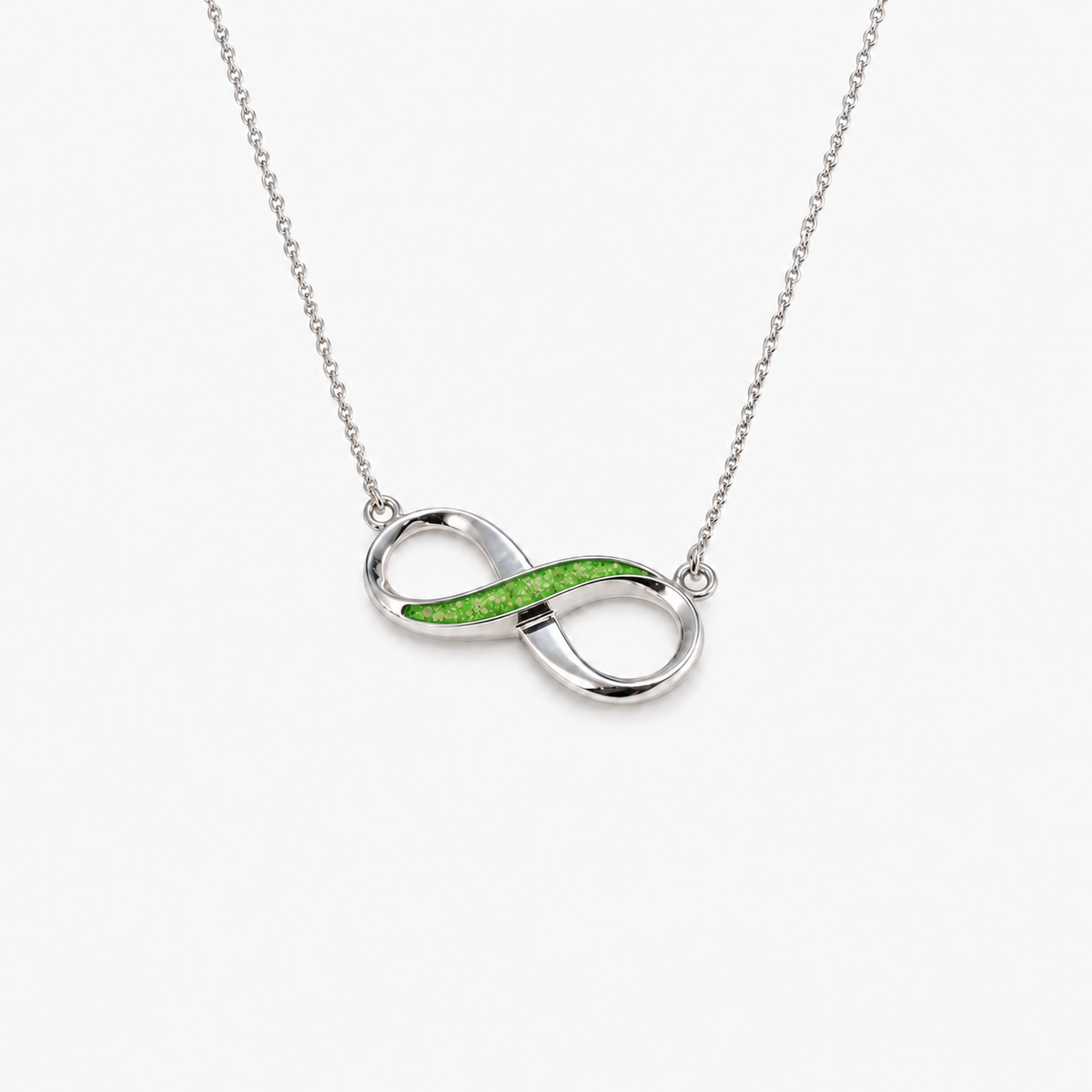 Infinity Ashes Necklace in Apple Green with visible inclusions