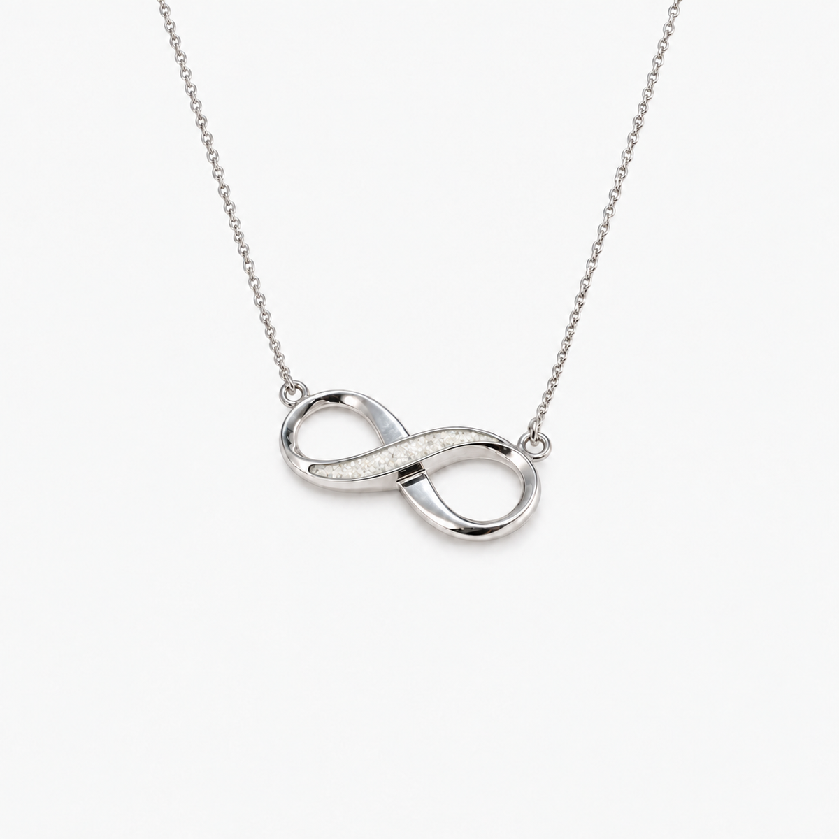 Infinity Ashes Necklace in Pearl with visible inclusions