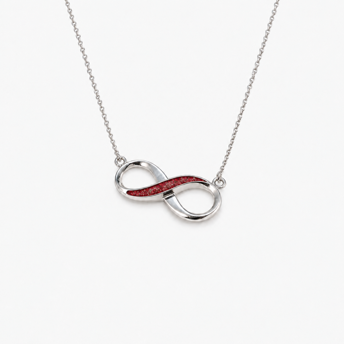 Infinity Ashes Necklace in Ruby Red with visible inclusions