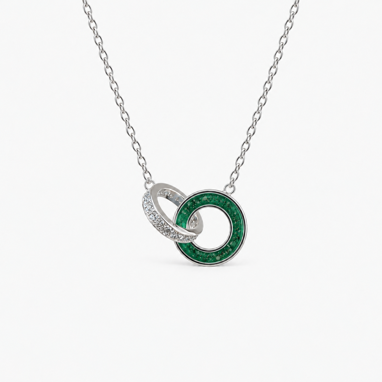 Linked Circles Ashes Necklace — Emerald, visible ashes