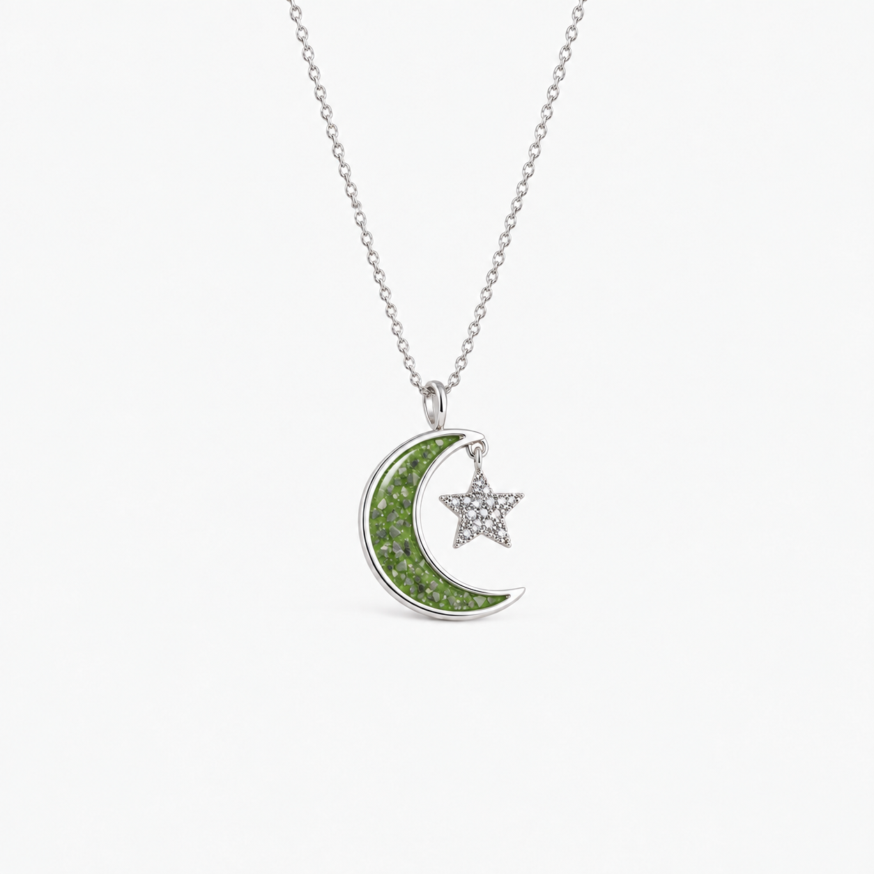 Moon and Star Ashes Necklace — Apple Green, visible ashes