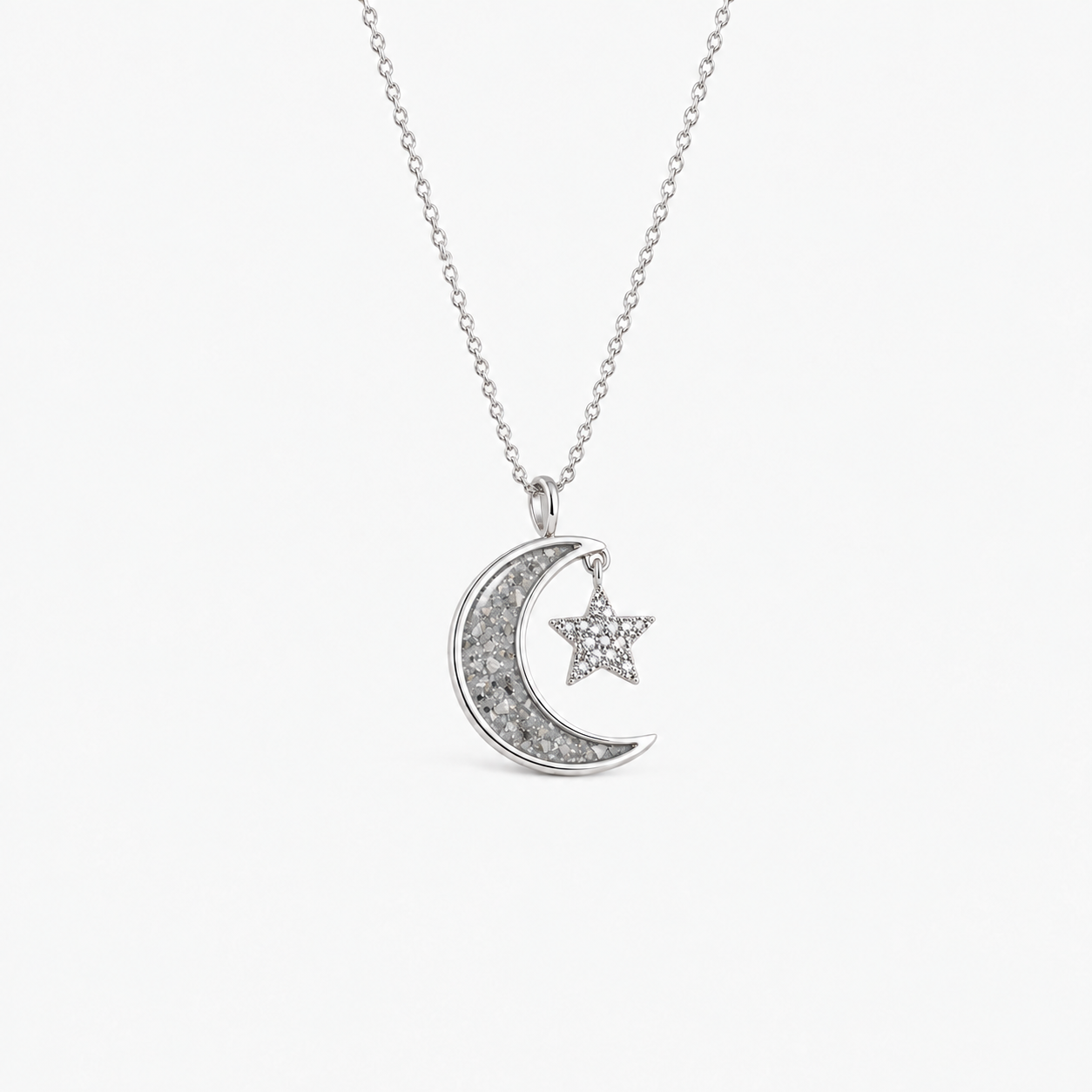 Moon and Star Ashes Necklace — Silver, visible ashes