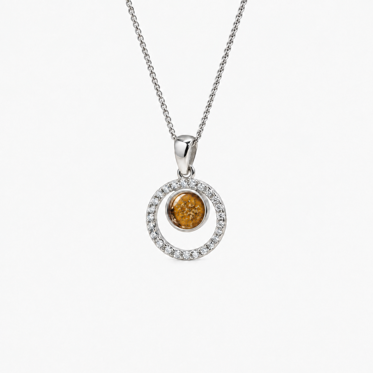 Orbit Halo Ashes Necklace — Amber, visible ashes