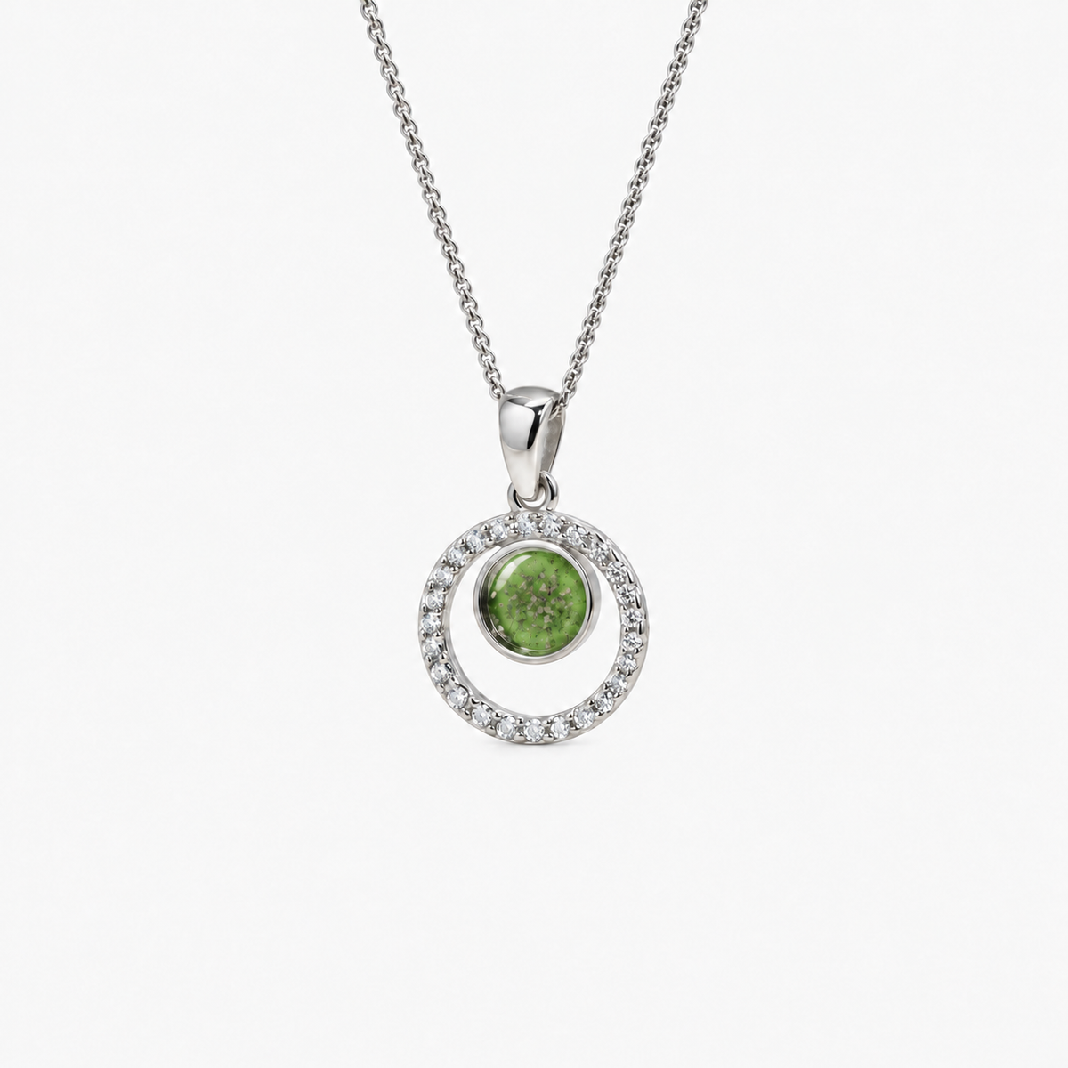 Orbit Halo Ashes Necklace — Apple Green, visible ashes