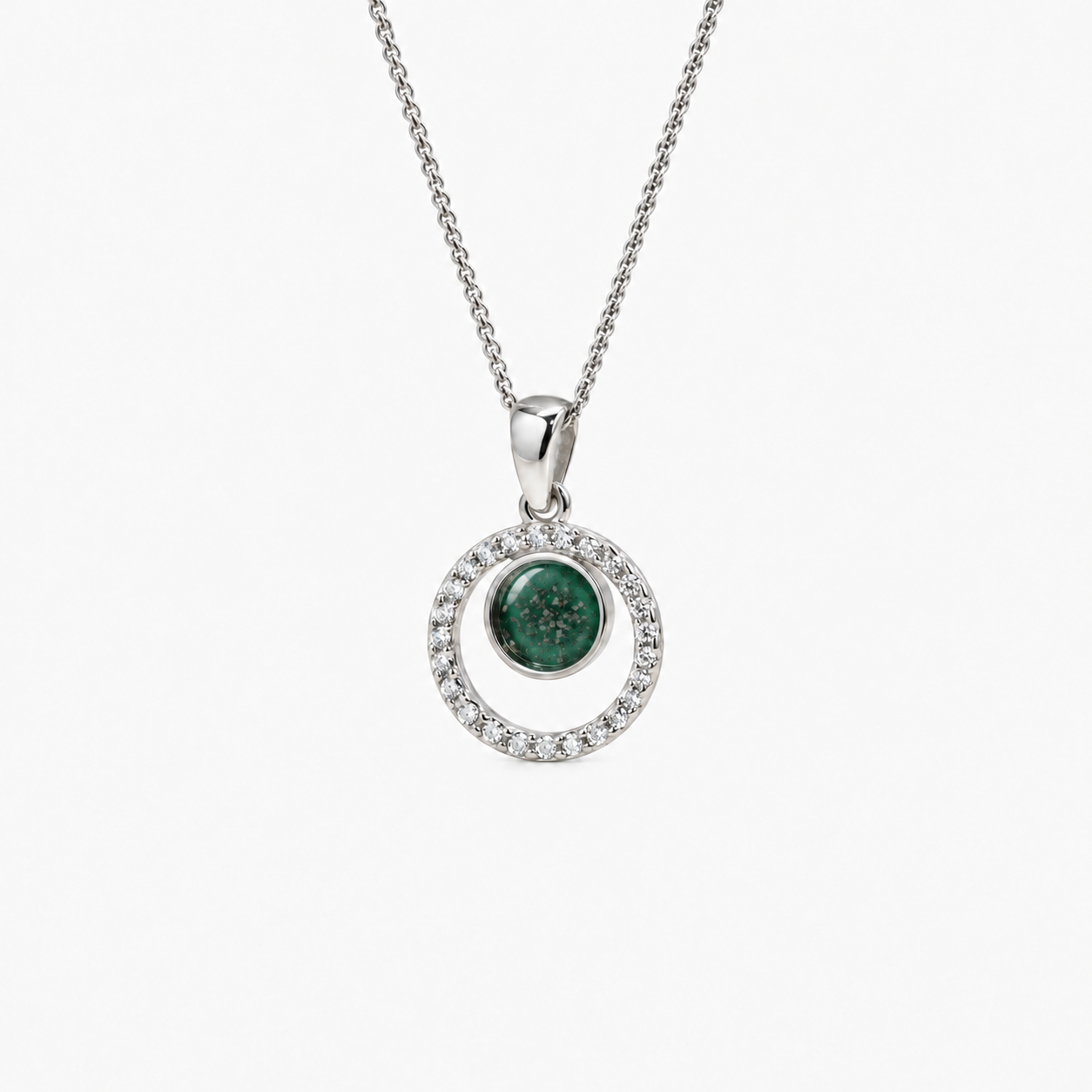 Orbit Halo Ashes Necklace — Emerald, visible ashes