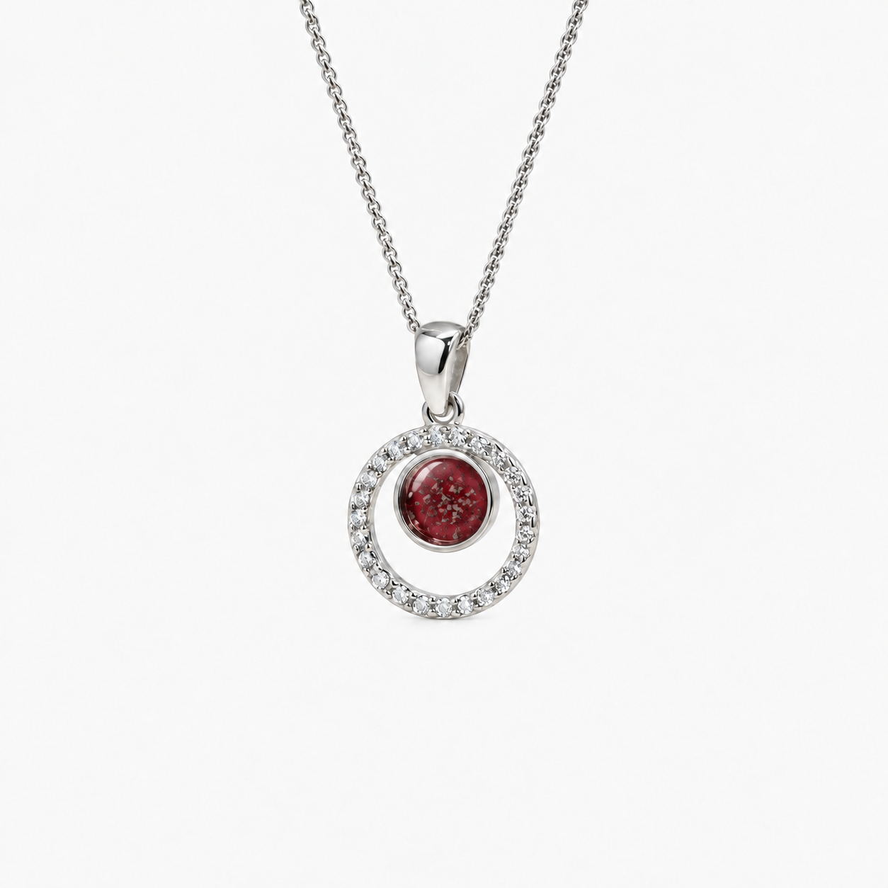 Orbit Halo Ashes Necklace — Ruby Red, visible ashes