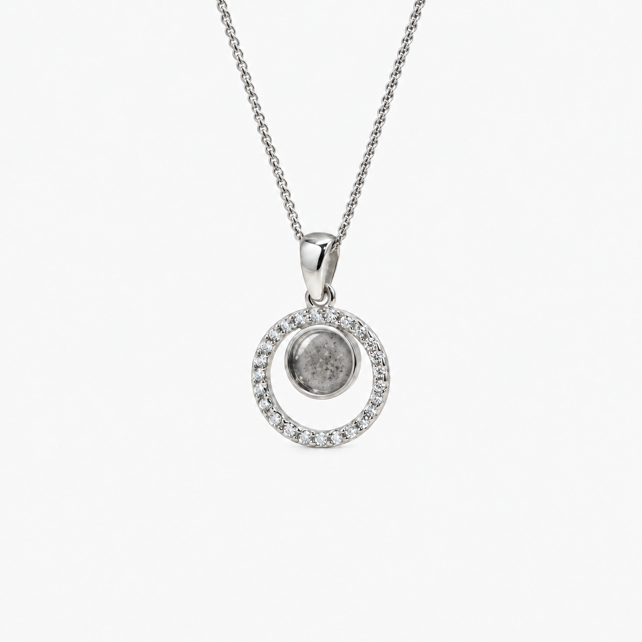 Orbit Halo Ashes Necklace — Silver, visible ashes