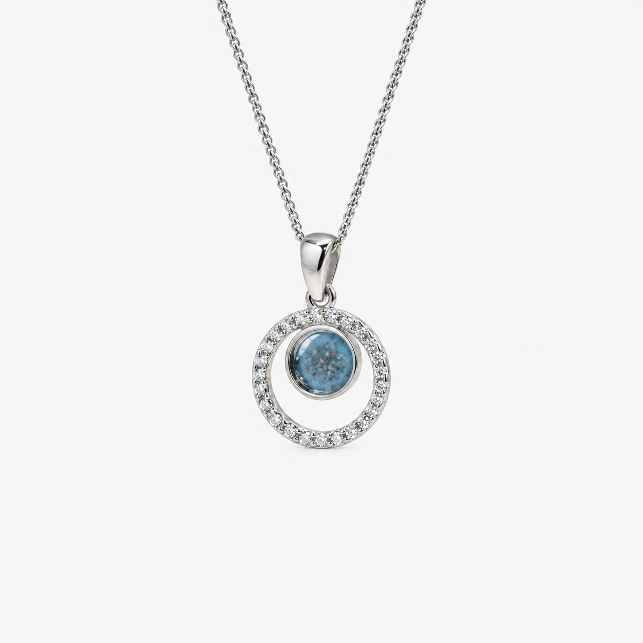 Orbit Halo Ashes Necklace — Sky Blue, visible ashes