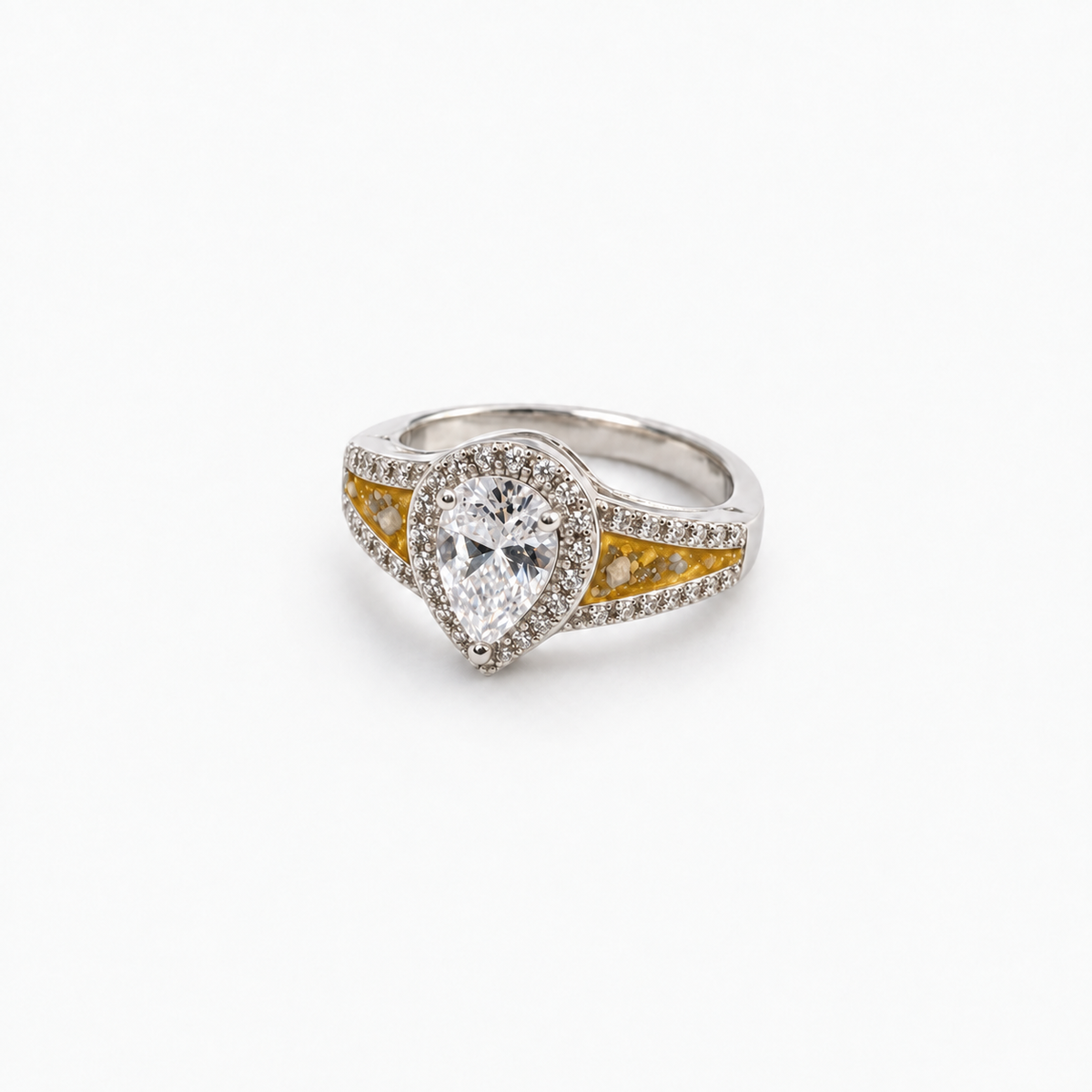 Pear CZ Ashes Ring in Amber with visible ashes