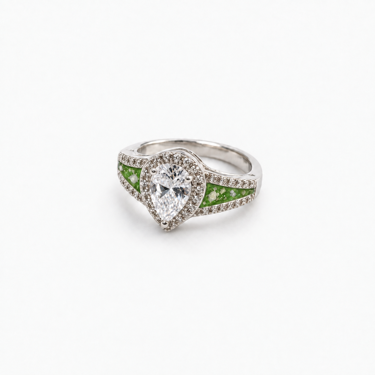 Pear CZ Ashes Ring in Apple Green with visible ashes