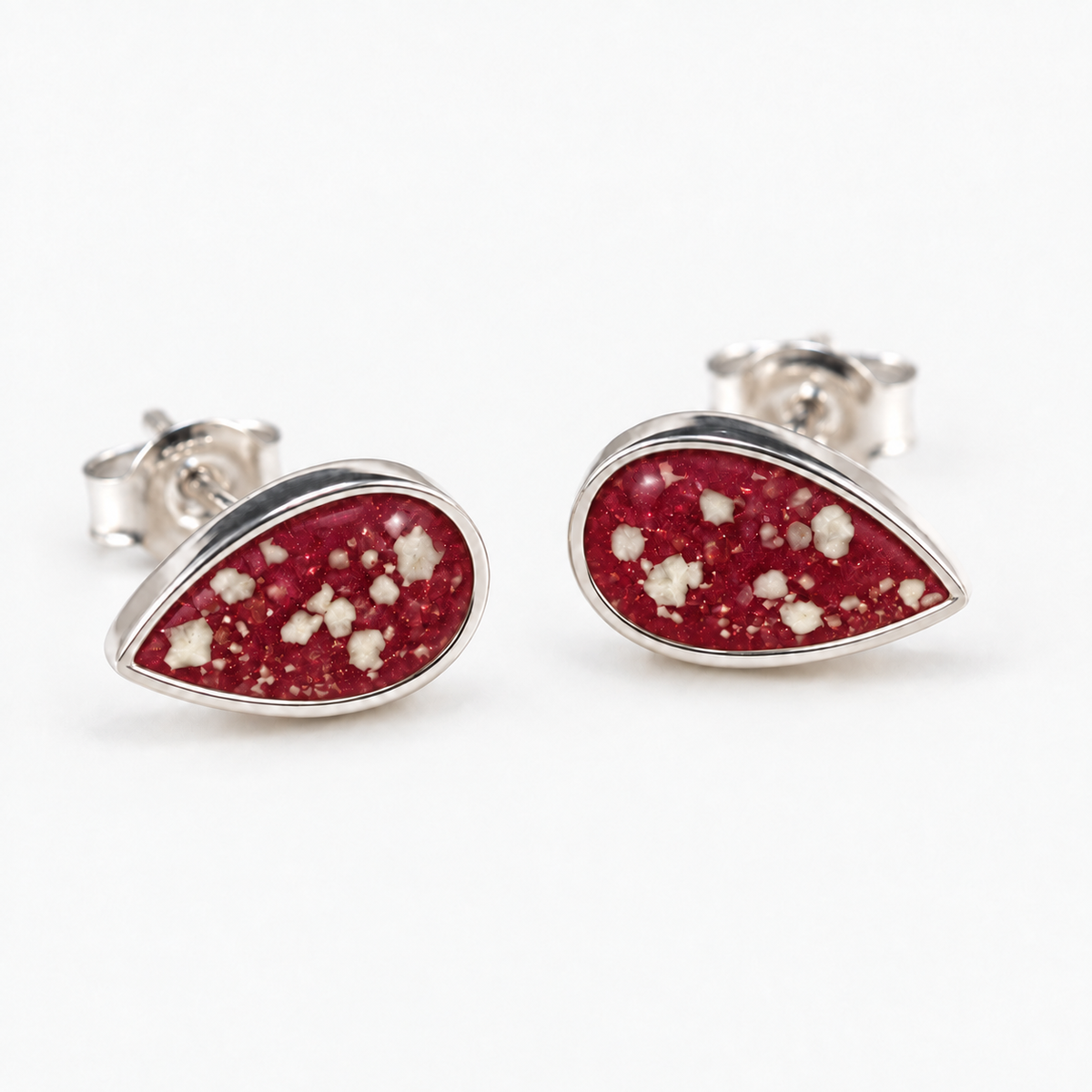 pear stud ashes earrings — Ruby Red, visible ashes
