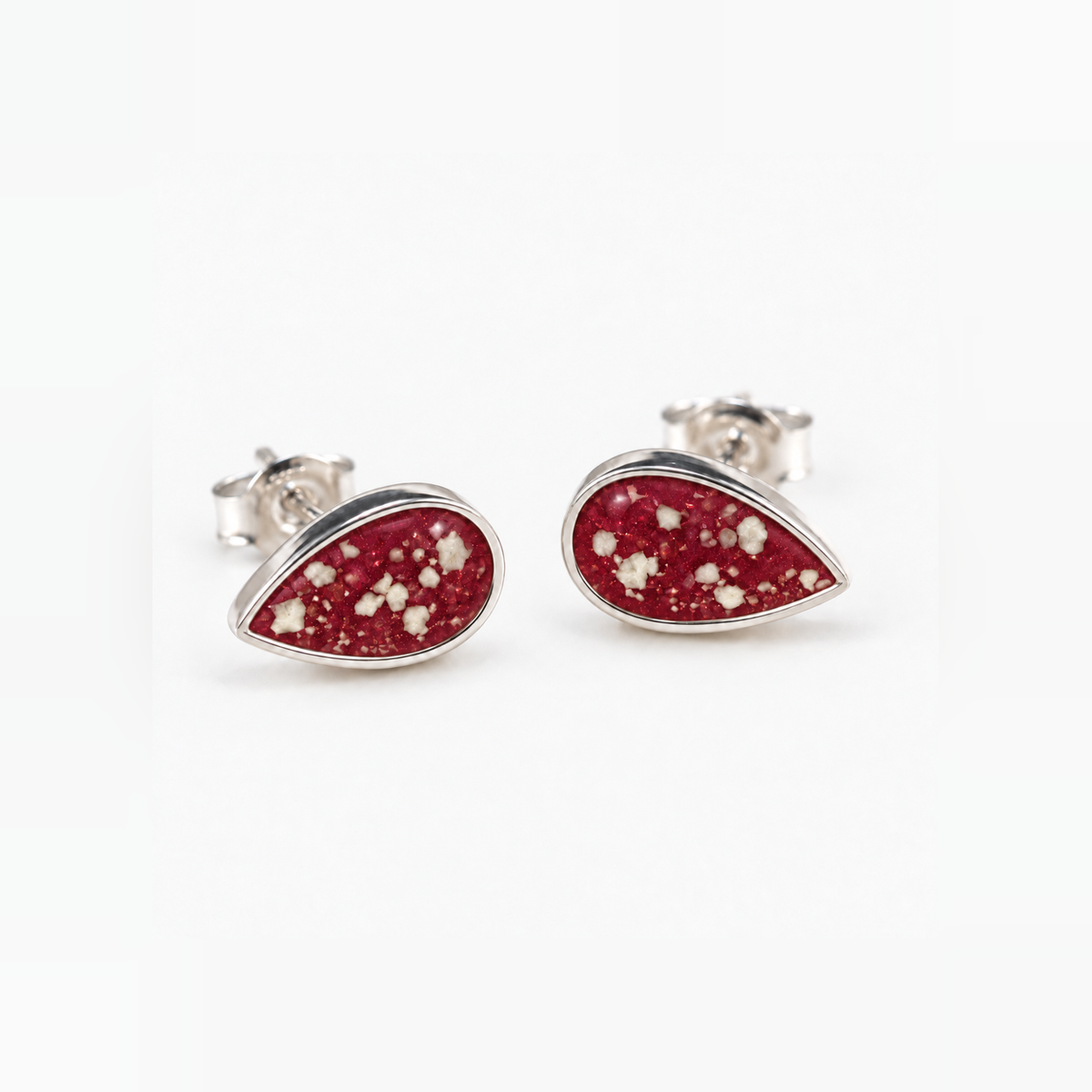 pear stud ashes earrings — Ruby Red, visible ashes