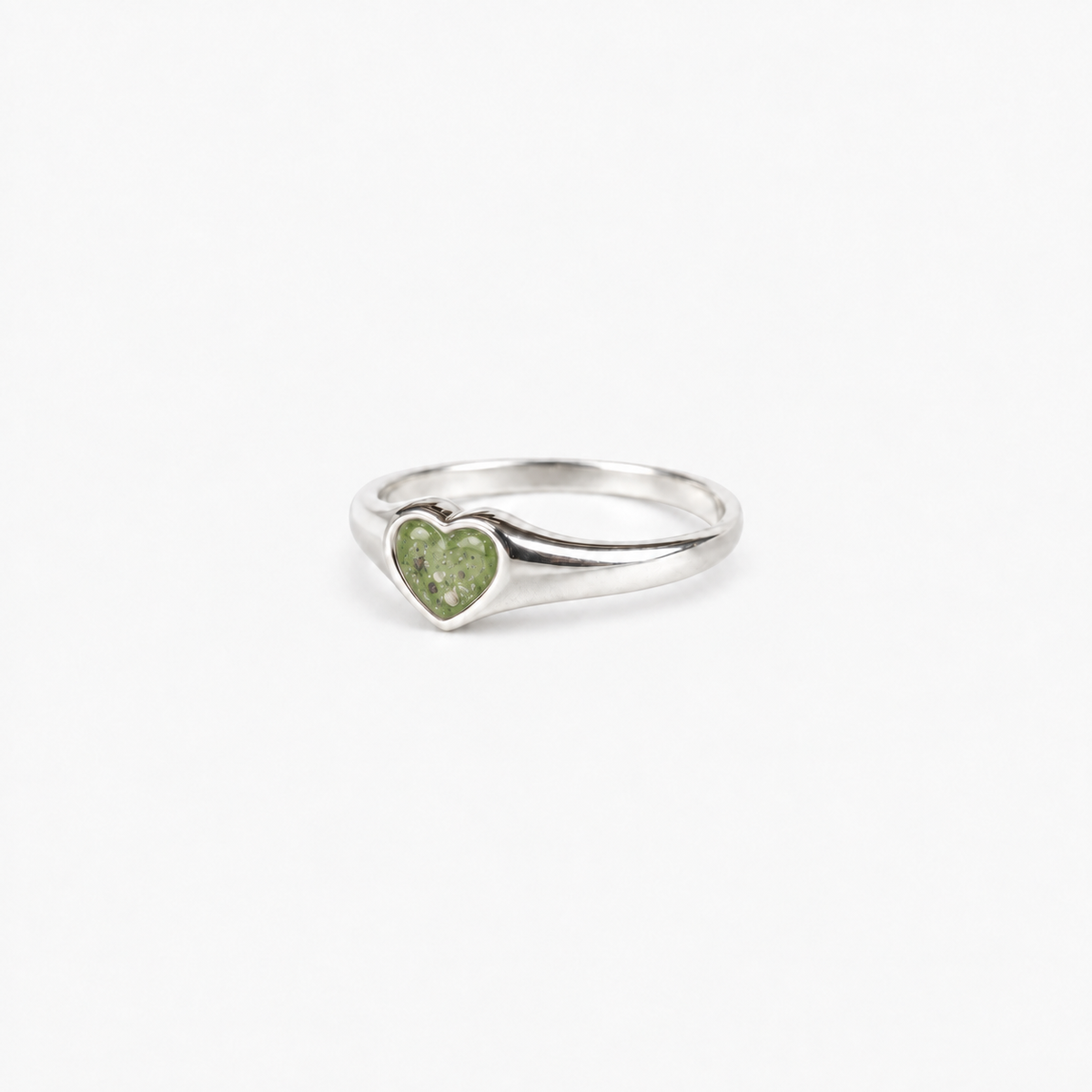 Petite Heart Ashes Ring — Apple Green, visible ashes
