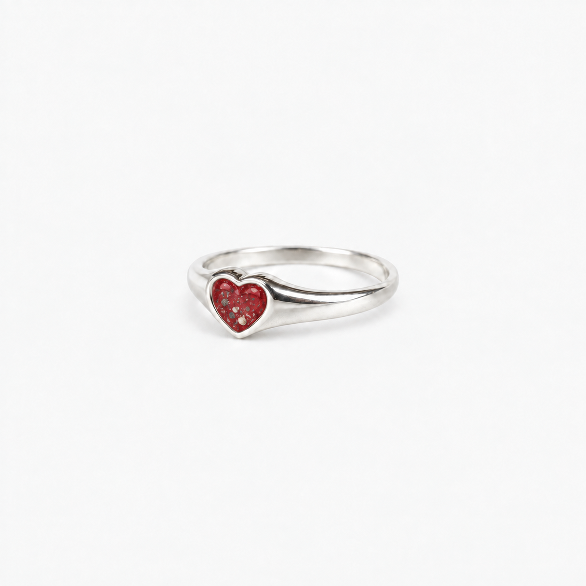 Petite Heart Ashes Ring — Ruby Red, visible ashes