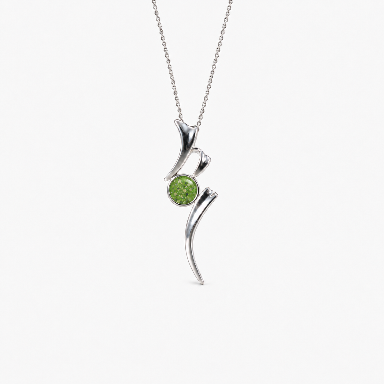 Ribbon Ashes Necklace in Apple Green with visible inclusions
