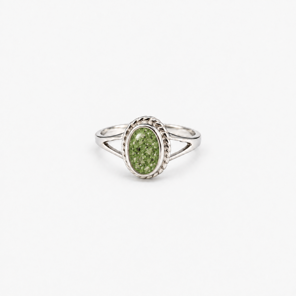 Rope Oval Ashes Ring — Apple Green, visible ashes