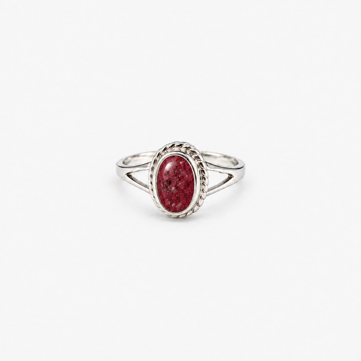 Rope Oval Ashes Ring — Ruby Red, visible ashes