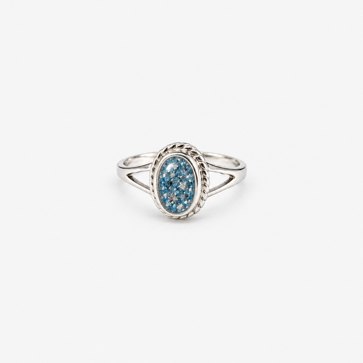 Rope Oval Ashes Ring — Sky Blue, visible ashes