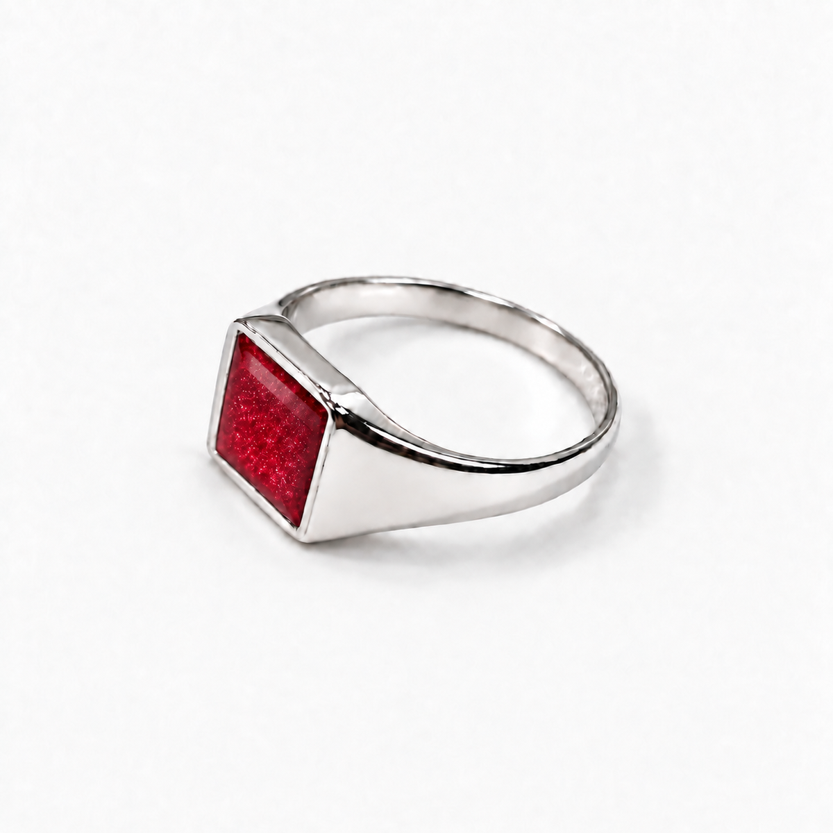 Small Square Signet Ashes Ring — Ruby Red, hidden ashes