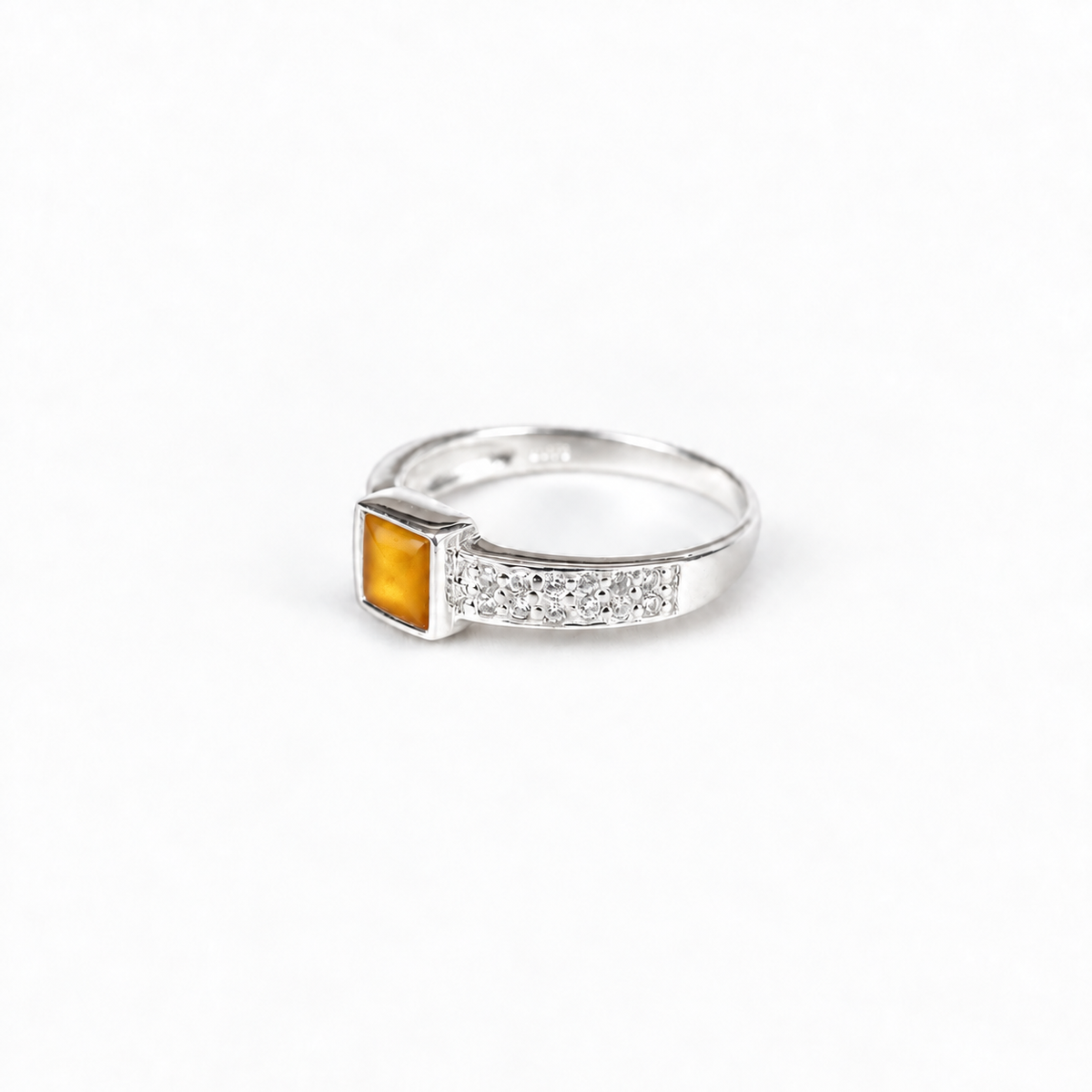 square crystal silver ashes ring in Amber, hidden inclusions