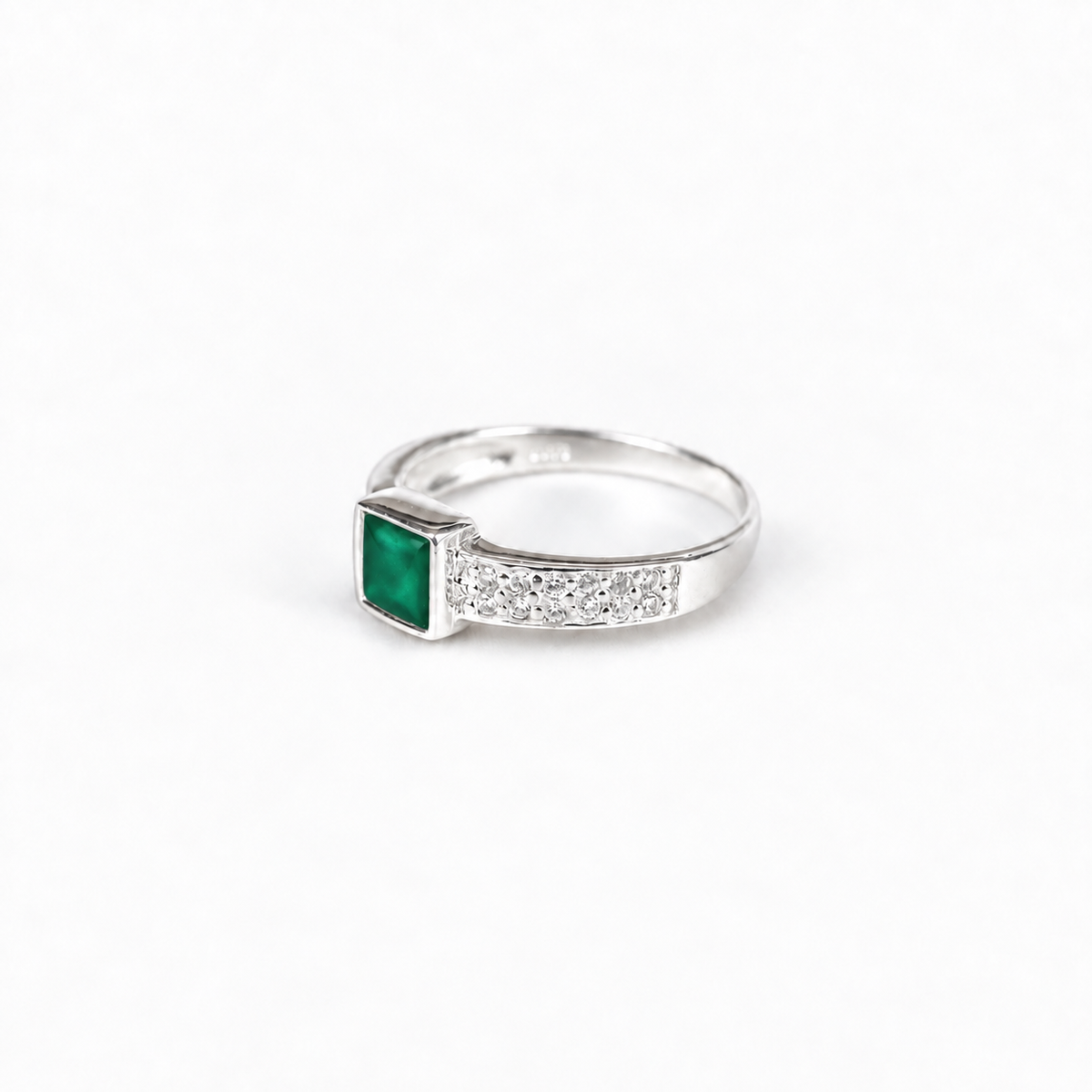 square crystal silver ashes ring in Emerald, hidden inclusions