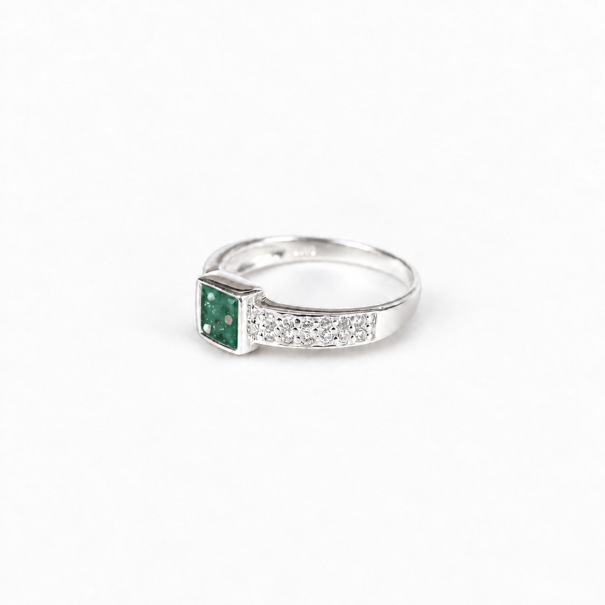 square crystal silver ashes ring in Emerald, visible inclusions
