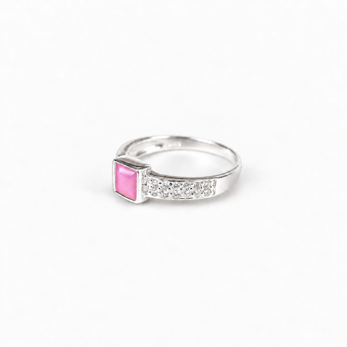 square crystal silver ashes ring in Pink, hidden inclusions