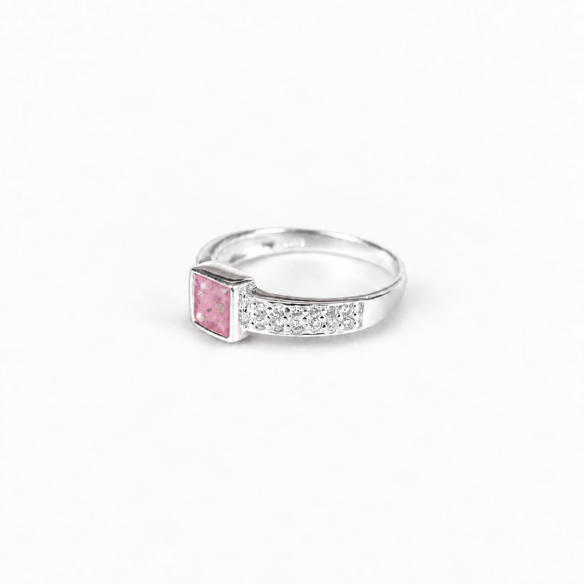 square crystal silver ashes ring in Pink, visible inclusions