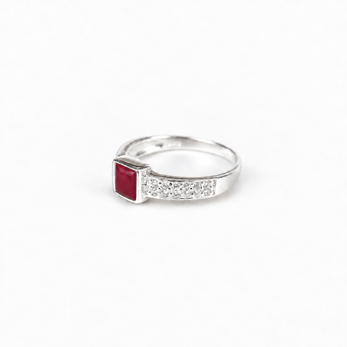 square crystal silver ashes ring in Ruby Red, hidden inclusions
