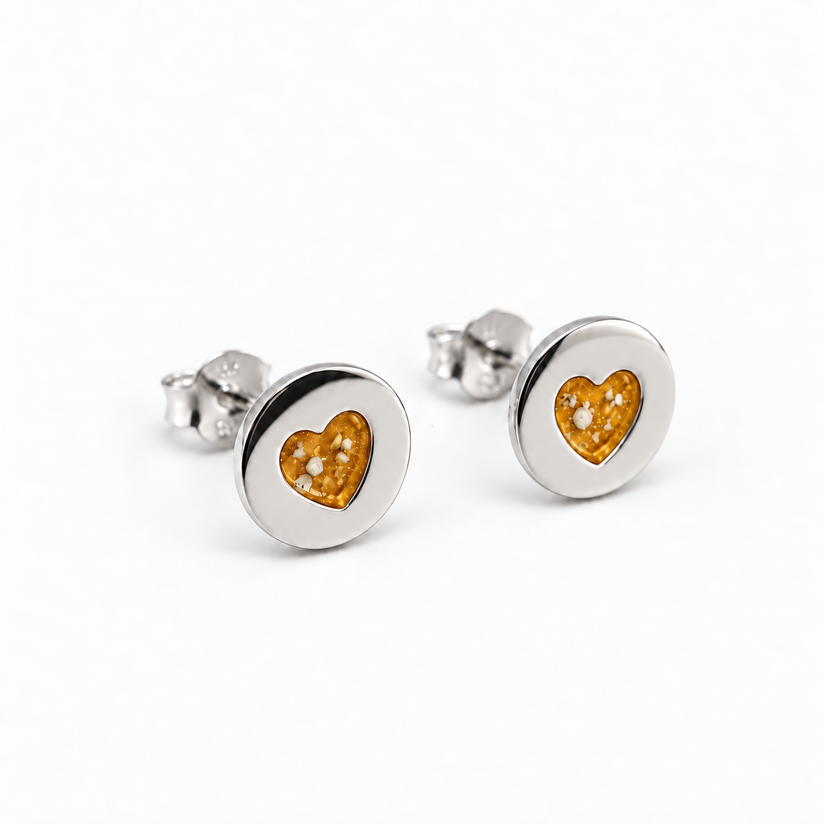 tiny heart disc ashes earrings — Amber, visible ashes